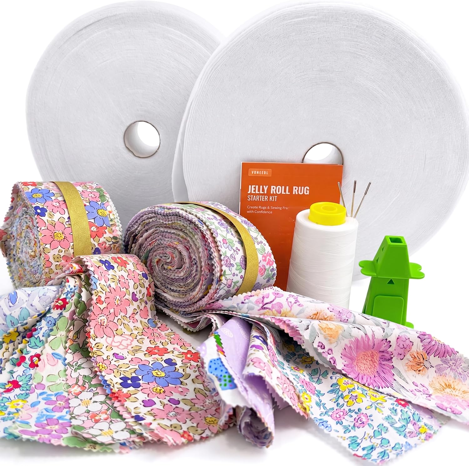 Jelly Roll Rug Starter Kit - 92 yd Cotton Fabric Strips + 100 yd Batting Strips, 4 Rolls Total, 2 1/4” x 50 yd Batting, for Sewing, Crafting & Patchwork Quilting, Rugs, Blankets & Bags